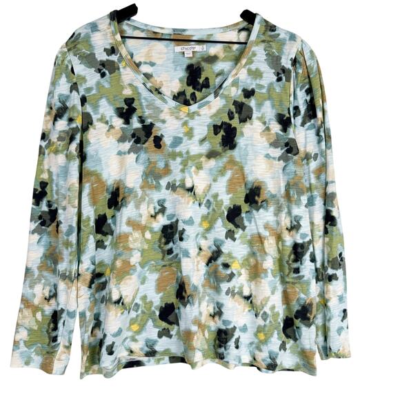 Chico's Tops - Chico's Printed Slub Puff-Sleeve Tee Shirt Green Abstract V-Neck - 3 XL
